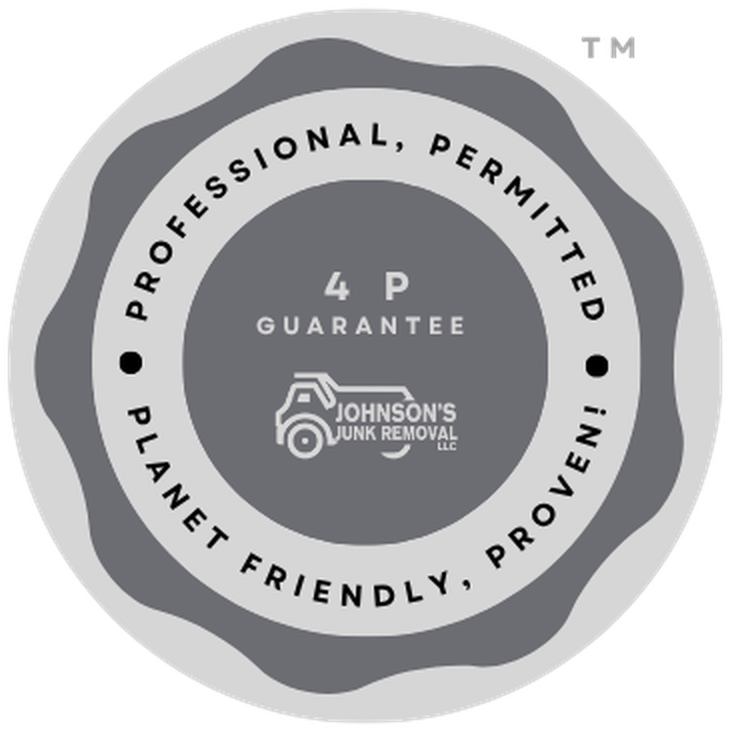 Johnson’s Junk Removal four-P guarantee seal — professional, permitted, planet friendly, proven