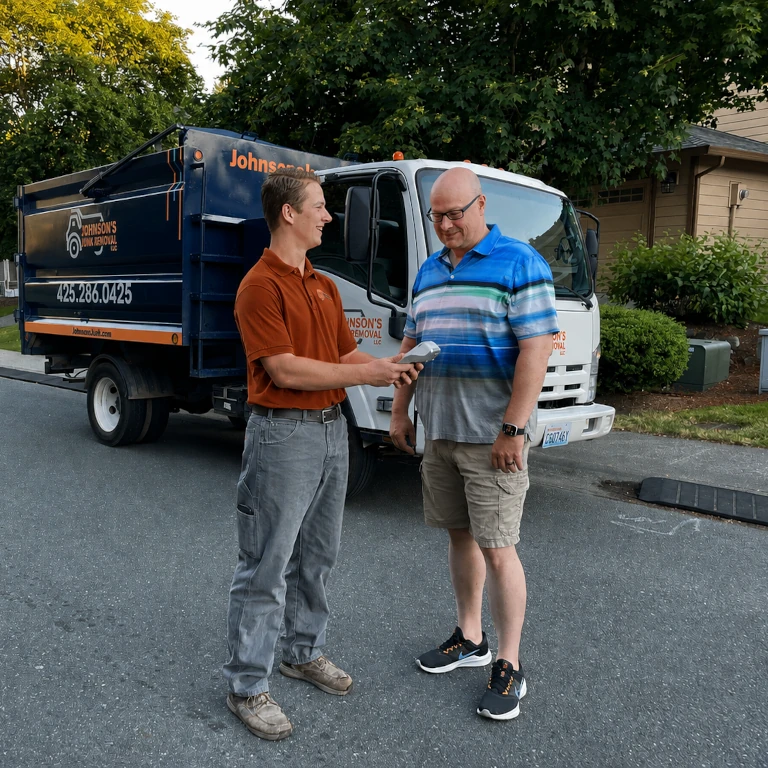Johnson's Junk Removal professional explaining the cost of mobile home demolition services to a happy customer