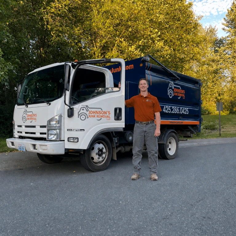 Johnson's Junk Removal professional posing next to their truck