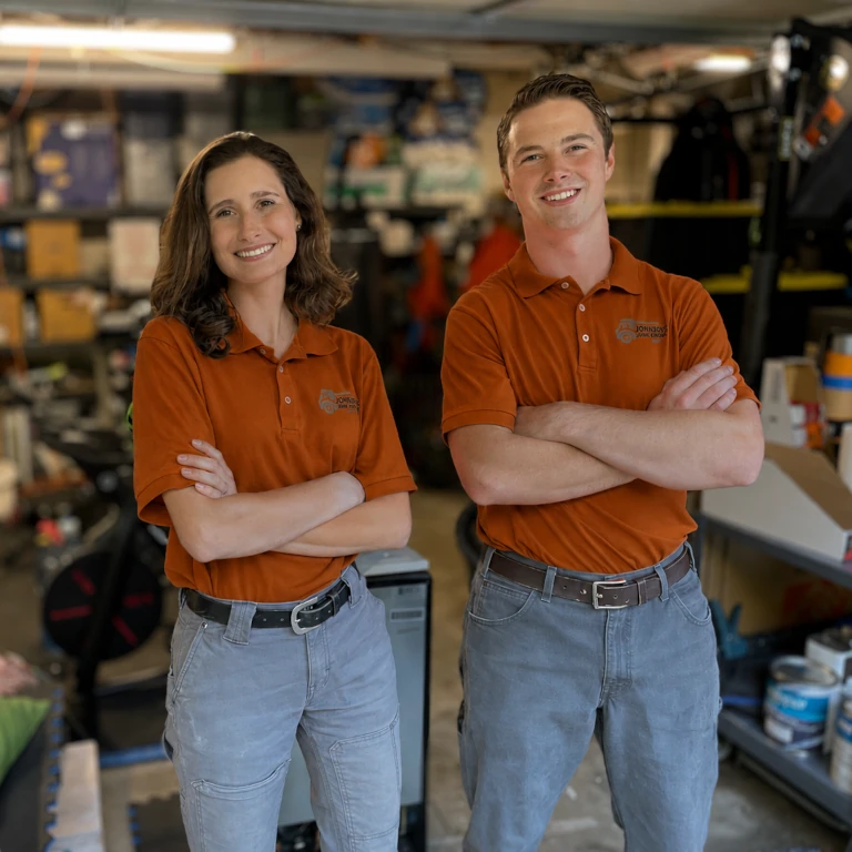 Johnson's Junk Removal professionals smiling as they provide garage cleanout services in Edmonds, WA