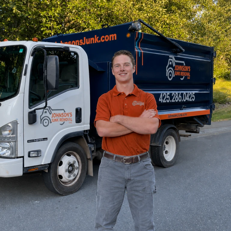 Johnson's Junk Removal professional smiling next to their truck