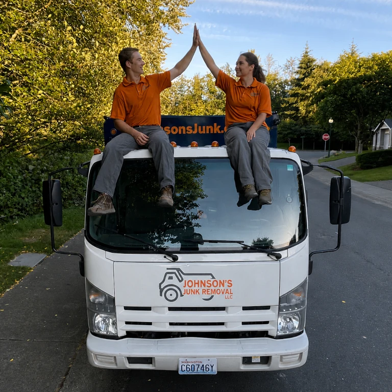 Junk removal professionals high-fiving on top of their junk removal truck
