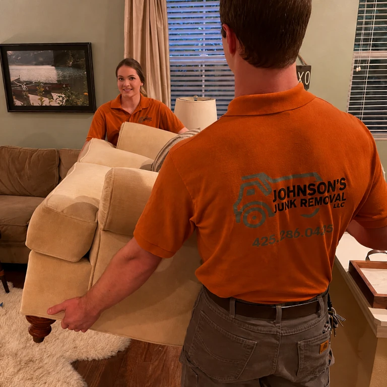 Johnson's Junk Removal professionals hauling away furniture